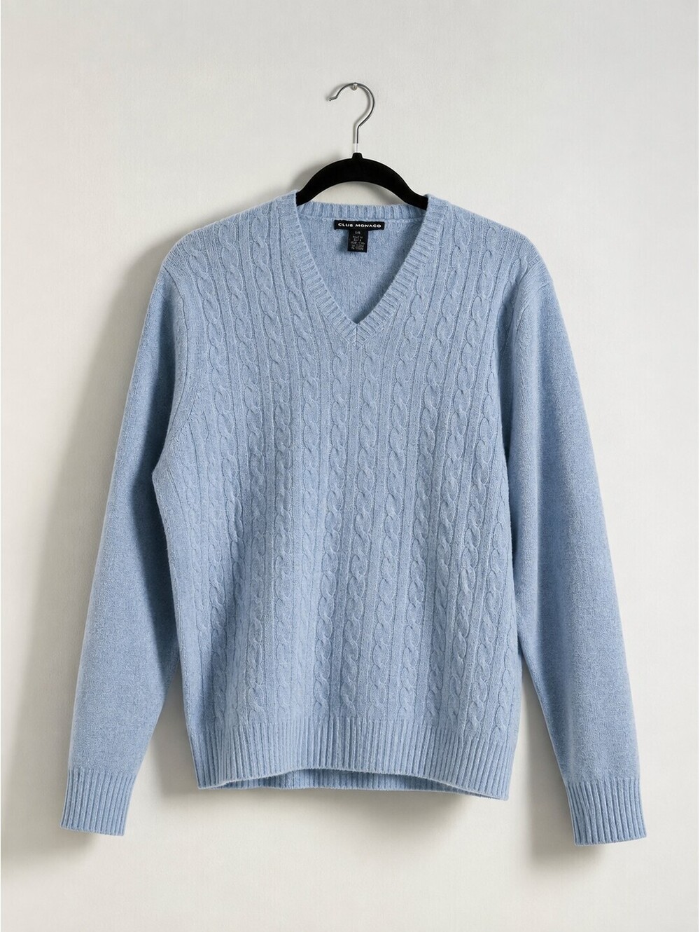 Vintage Club Monaco 100% Lambswool Cable Knit V-Neck Sweater Blue L